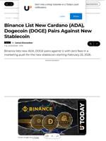 Binance List New Cardano (ADA), Dogecoin (DOGE) Pairs Against New Stablecoin - U.Today