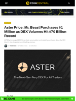 Aster Price: Mr. Beast Purchases $1 Million as DEX Volumes Hit $70 Billion Record - CoinCentral