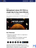 Metaplanet raises $517M in a single day to buy more Bitcoin