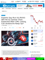 Experts Say Ruvi AI (RUVI) Will Hit $1 Sooner Than Expected After CMC Listing, Can Avalanche Keep Up?