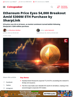 Ethereum Eyes $4K as SharpLink Buys $300M in ETH