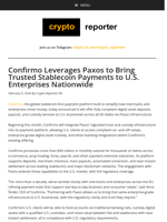 Confirmo Leverages Paxos to Bring Trusted Stablecoin Payments to U.S. Enterprises Nationwide