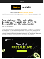 Toncoin Surges 22%, Web3 ai Offers 1,747% ROI & Hedera Pulls Back