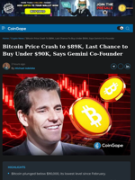 Bitcoin Price Crash to $89K, Last Chance to Buy Under $90K, Says Gemini Co-Founder