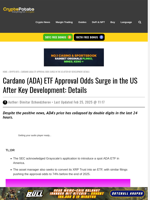 Cardano (ADA) ETF Approval Odds Surge in the US After Key Development: Details