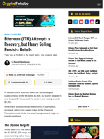 Ethereum (ETH) Attempts a Recovery, but Heavy Selling Persists: Details