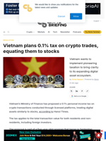 Vietnam plans 0.1% tax on crypto trades, equating them to stocks