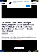New XRP ATH to Come: Bollinger Bands, Ripple USD Stablecoin Breaks into Top 100, Deutche Bank Issues Bullish Bitcoin Statement — Crypto News Digest - U.Today