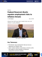 Federal Reserve's Bostic equates employment risks to inflation threats