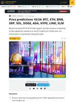 Price predictions 10/24: BTC, ETH, BNB, XRP, SOL, DOGE, ADA,
HYPE, LINK, XLM