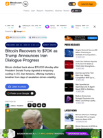 Bitcoin Recovers to $70K as Trump Announces Iran Dialogue Progress – Market Updates Bitcoin News