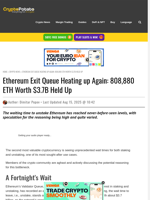Ethereum Exit Queue Heating up Again: 808,880 ETH Worth $3.7B Held Up