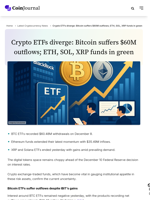 Crypto ETFs diverge: Bitcoin suffers $60M outflows; ETH, SOL, XRP funds in green - CoinJournal