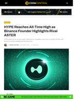HYPE Reaches All-Time High as Binance Founder Highlights Rival ASTER - CoinCentral