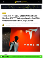 Tesla Inc. ($TSLA) Stock: China Sales Decline 4% Y/Y in August Amid Just 600 Orders in India Since July Launch