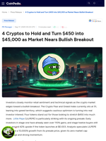 4 Cryptos to Hold and Turn $450 into $45,000 as Market Nears Bullish Breakout