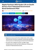 Ripple Partners With Kyobo Life on South Korea’s First Tokenized Government Bond Settlement Pilot
