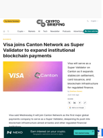 Visa joins Canton Network as Super Validator to expand institutional blockchain payments