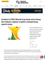 Kraken's FIFA World Cup deal and rising fan tokens signal crypto's deepening sports play