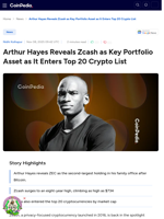 Arthur Hayes Reveals Zcash as Key Portfolio Asset as It Enters Top 20 Crypto List