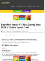 Bitcoin Price Analysis: BTC Risks Dumping Below $100K If This Final Support Cracks