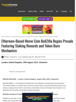 Ethereum-Based Meme Coin BullZilla Begins Presale Featuring Staking Rewards and Token Burn Mechanism