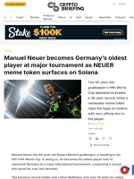 Manuel Neuer becomes Germany's oldest player at major tournament as NEUER meme token surfaces on Solana