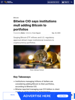 Bitwise CIO says institutions mull adding Bitcoin to portfolios