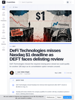 DeFi Technologies misses Nasdaq $1 deadline as DEFT faces delisting review