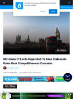 UK Lords Urge BoE To Ease Stablecoin Rules Amid Concerns