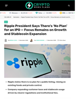 Ripple President Says There’s ‘No Plan’ for an IPO — Focus Remains on Growth and Stablecoin Expansion - Crypto News Flash
