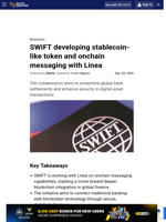 SWIFT developing stablecoin-like token and onchain messaging with Linea