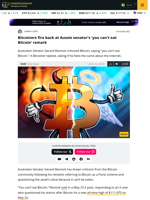 Bitcoiners fire back at Aussie senator's 'you can't eat Bitcoin' remark