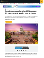 Senate Approves Funding Bill to Reopen US Gov’t, Awaits Vote in House