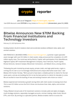 Bitwise Announces New $70M Backing From Financial Institutions and Technology Investors
