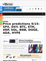 Price predictions 9/15: SPX, DXY, BTC, ETH, XRP, SOL, BNB, DOGE, ADA, HYPE - The Crypto News Wire