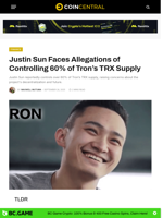 Justin Sun Faces Allegations of Controlling 60% of Tron’s TRX Supply - CoinCentral