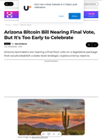 Arizona Bitcoin Bill Nearing Final Vote, But It's Too Early to Celebrate - U.Today