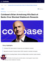 Coinbase’s Brian Armstrong Hits Back at Banks Over Blocked Stablecoin Rewards 