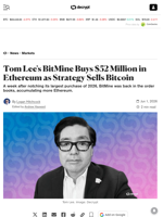 Tom Lee's BitMine Buys $52 Million in Ethereum as Strategy Sells Bitcoin - Decrypt