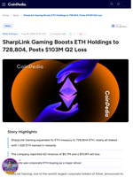 SharpLink Gaming Boosts ETH Holdings to 728,804, Posts $103M Q2 Loss