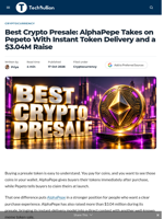 Best Crypto Presale: AlphaPepe Takes on Pepeto With Instant Token Delivery and a $3.04M Raise - TechBullion