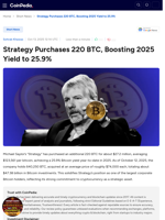 Strategy Purchases 220 BTC, Boosting 2025 Yield to 25.9%