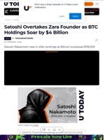 Satoshi Overtakes Zara Founder as BTC Holdings Soar by $4 Billion