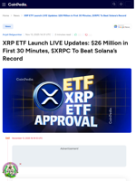 XRP ETF Launch LIVE Updates: $26 Million in First 30 Minutes, $XRPC To Beat Solana’s Record