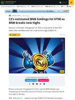 BNB High Boosts CZ’s Holdings to $75.8 Billion