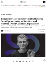 Ethereum Co-Founder Vitalik Buterin Sees Opportunity as Sweden and Norway Ditch Cashless Aspirations - Decrypt