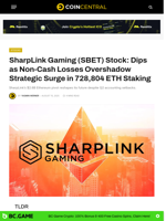 SharpLink Gaming (SBET) Stock: Dips as Non-Cash Losses Overshadow Strategic Surge in 728,804 ETH Staking