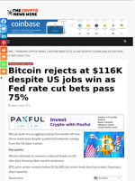 Bitcoin rejects at $116K despite US jobs win as Fed rate cut bets pass 75% - The Crypto News Wire
