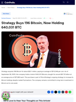 Strategy Buys 196 Bitcoin, Now Holding 640,031 BTC